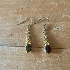 Dainty gold tone fake ruby and diamond earrings